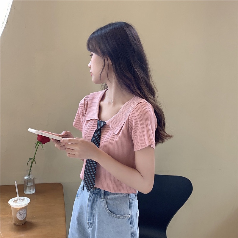 ZHELIHANGFEI Áo len dệt kim POLO cổ áo ngắn tay eo cao cổ điển