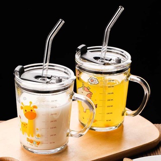 Cốc thủy tinh chia vạch có tay cầm, Cốc pha sữa chia vạch cho bé có tay cầm và ống hut tiện dụng Dung tích 400ml