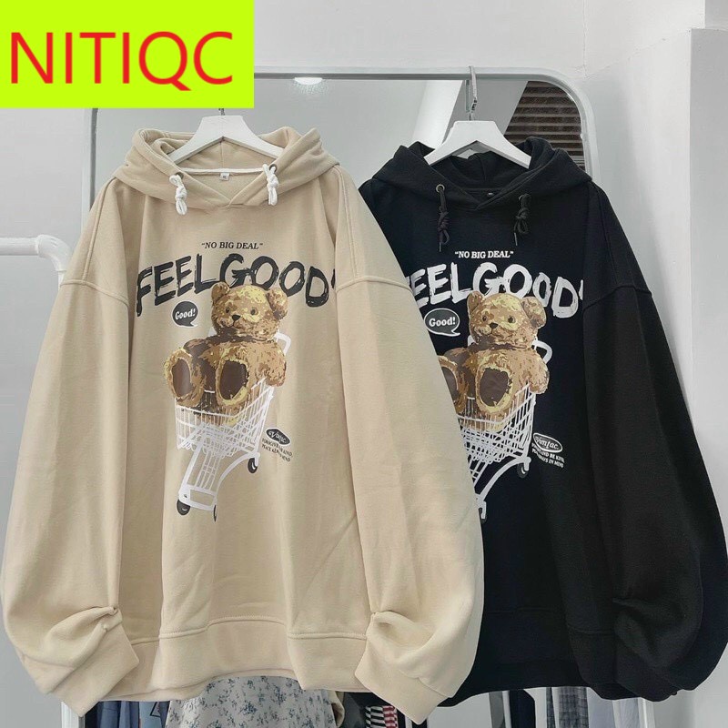 ÁO KHOÁC HOODIE CHUI ĐẦU IN CON GẤU FEELGOOD NỈ NGOẠI NỮ MÀU ĐEN MÀU BE CHẤT NỈ NGOẠI CAO CẤP NITIQC XỊN SÒ