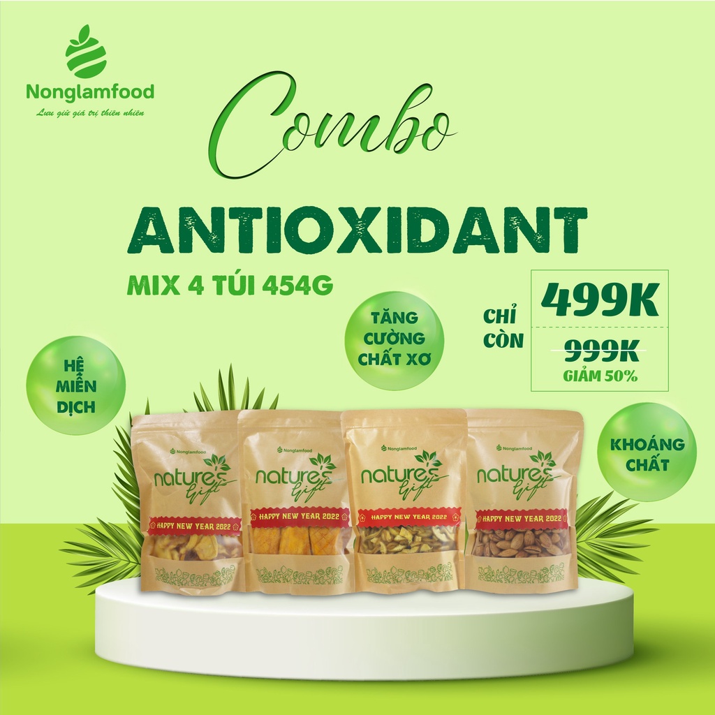 [Combo Antioxidant Mix 4 Túi 454g] Hỗn hợp trái cây sấy và hạt dinh dưỡng Nonglamfood | Tăng cường hệ miễn dịch