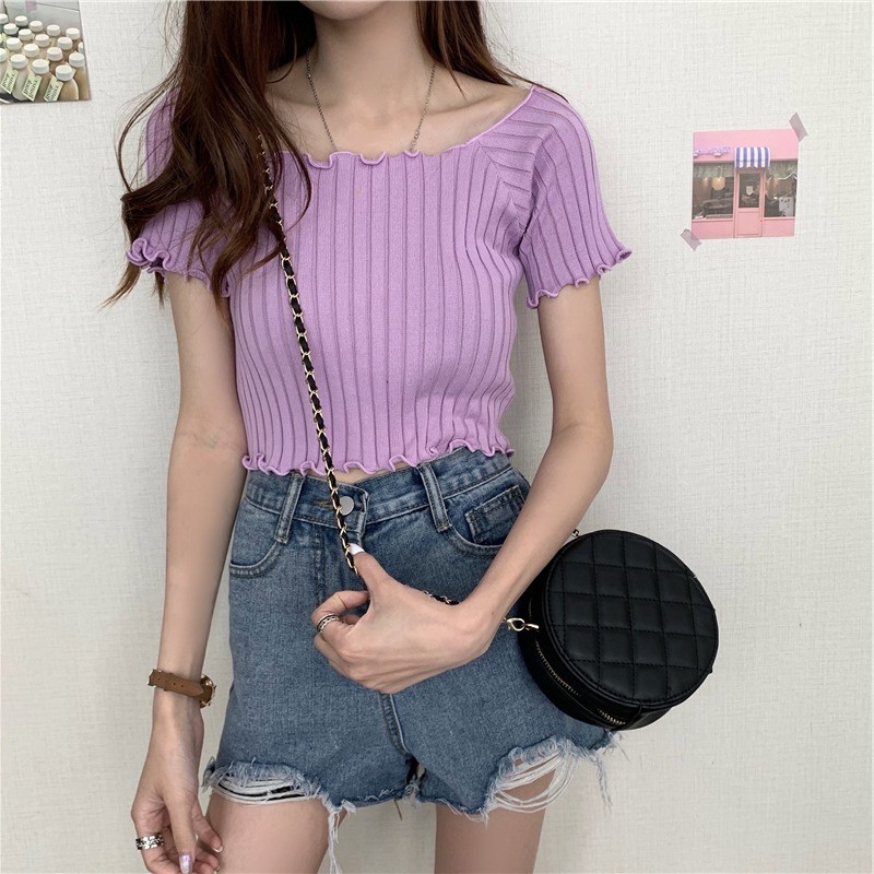 Áo croptop nữ, Áo ngắn tay nữ trễ vai sành điệu, hàng dệt kim xịn xò | BigBuy360 - bigbuy360.vn