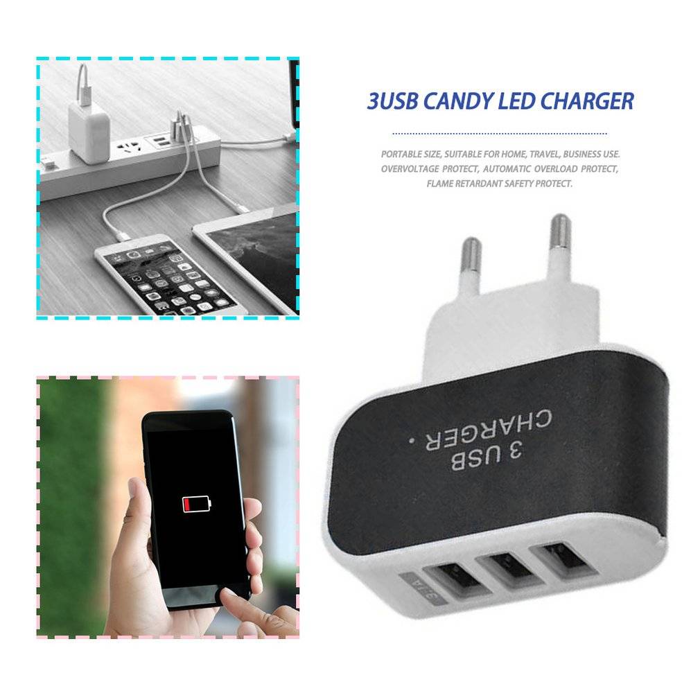 Củ sạc 3 cổng cắm USB có đèn LED cao cấp tiện dụng