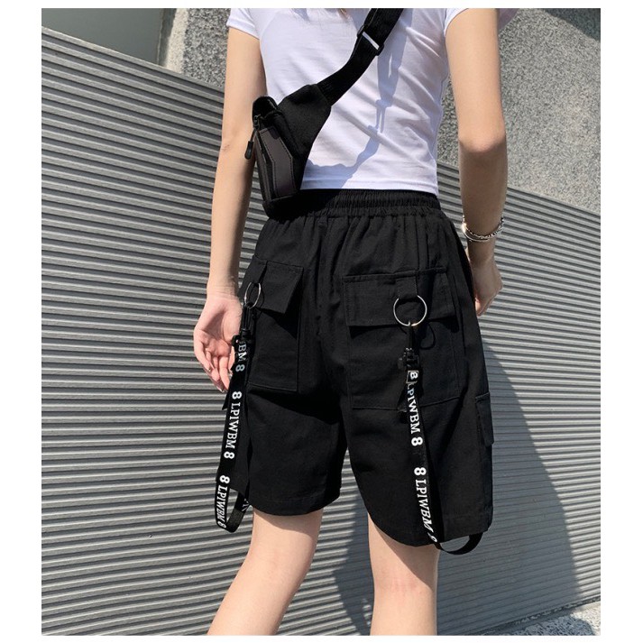 ⚡️ VẢI ĐẸP - ẢNH THẬT ⚡️ Quần short Túi Hộp Pant phản quang phối dây Unisex, QUẦN ĐÙI LỮNG NAM NỮ CHẤT KAKI ĐEN