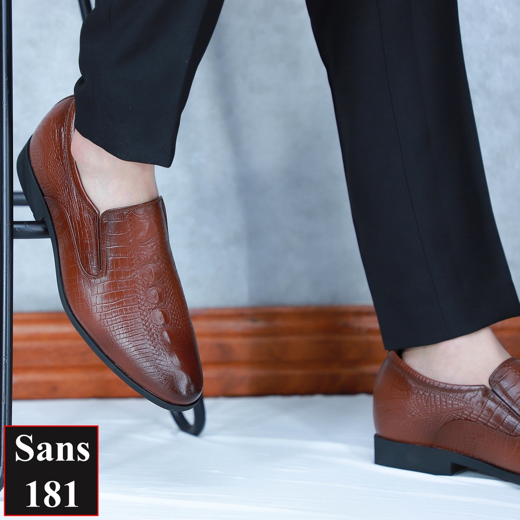 Giày tây da bò thật tăng chiều cao 6cm Sans181 giầy công sở nam lười âu dập vân cá sấu độn đế nâng gót chú rể mặc vest
