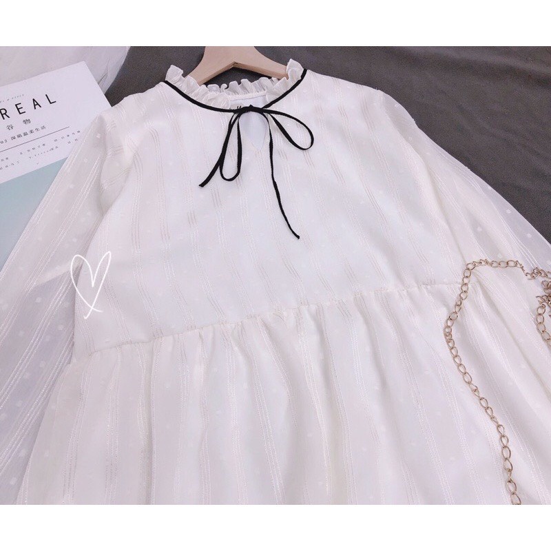 [Quà tặng là chun tóc nữ tính nhiều màu dai dẻo đàn hồi] Váy đầm babydoll hạt bông nơ cổ Lucy Outfit thiết kế | BigBuy360 - bigbuy360.vn