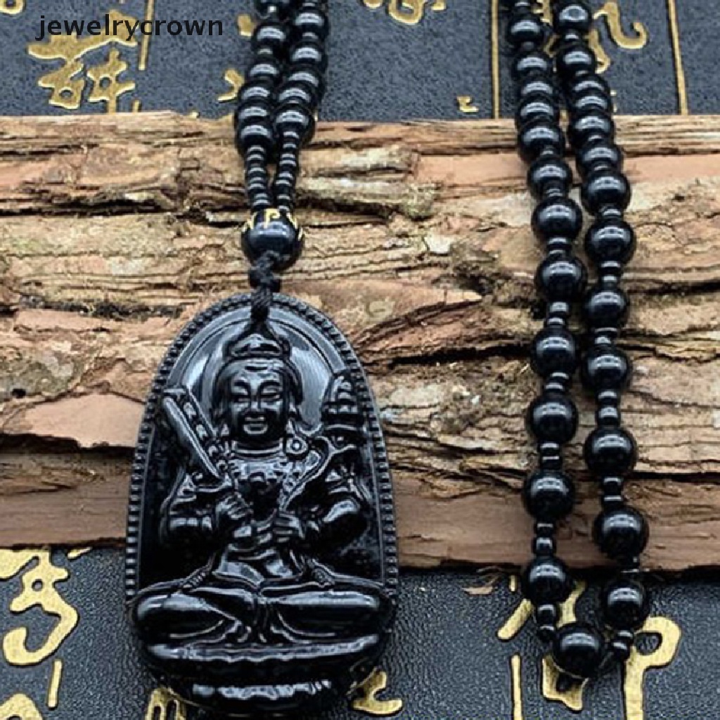 1 Mặt Vòng cổ Đá Obsidian Đen Tự Nhiên Khắc Hình Phật May Mắn