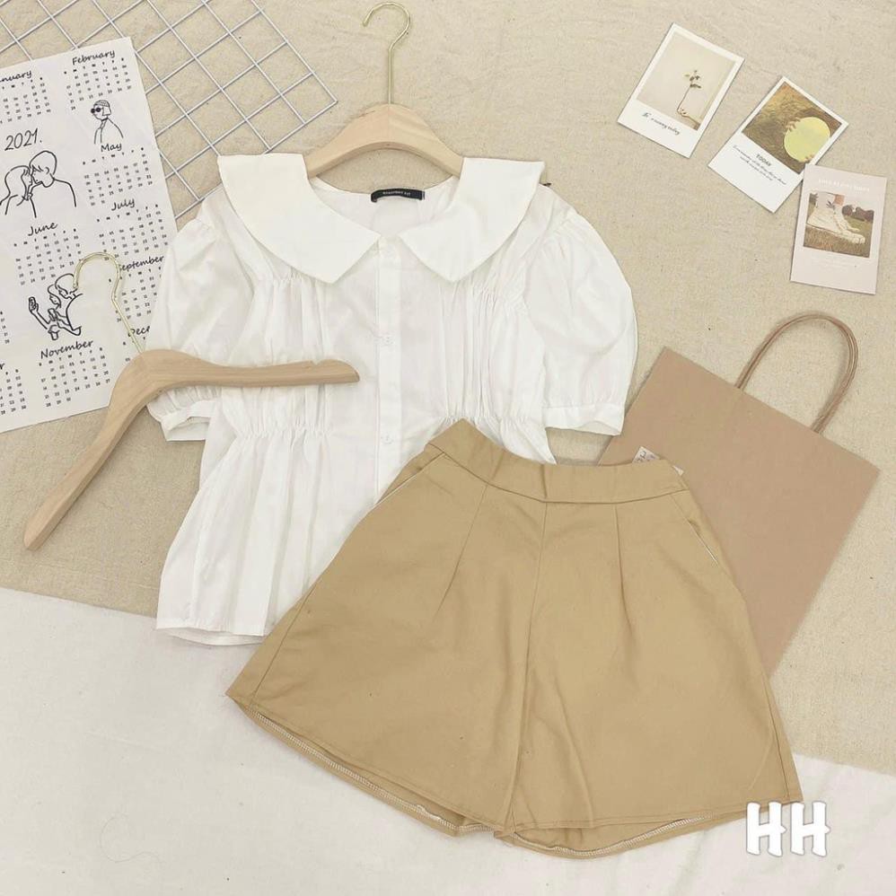 Áo kiểu hàn quốc A.202, áo kiểu cổ bèo cộc tay hai đường bo chun ngang ngực cùng hàng xếp ly dúm nhỏ dọc thân | BigBuy360 - bigbuy360.vn