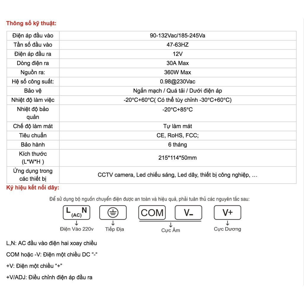 Nguồn tổ ong 12V 30A 360W mới 100%.