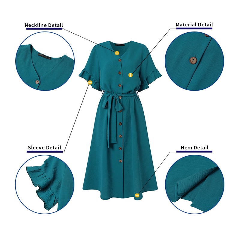 ZANZEA Đầm Tay Ngắn Cổ Chữ V Màu Trơn Cài Nút Thời Trang Cho Nữ