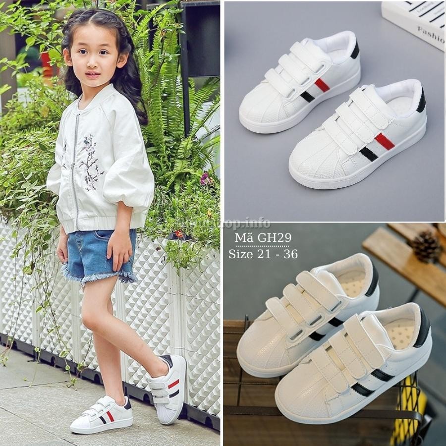 Giày cho bé trai bé gái, giày trẻ em dáng thể thao trắng 2 sọc đỏ đen 3 quai dán thời trang 1 - 10 tuổi đi học NHÍM GH29