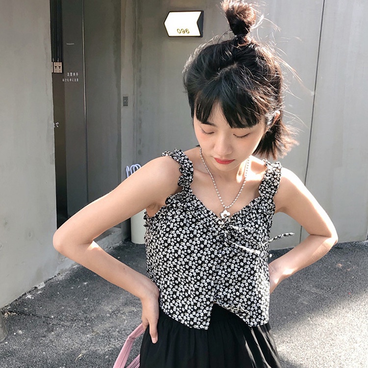 Áo hai dây cổ chữ V in hoa màu trắng đen vải thoáng khí thời trang mùa hè cho nữ