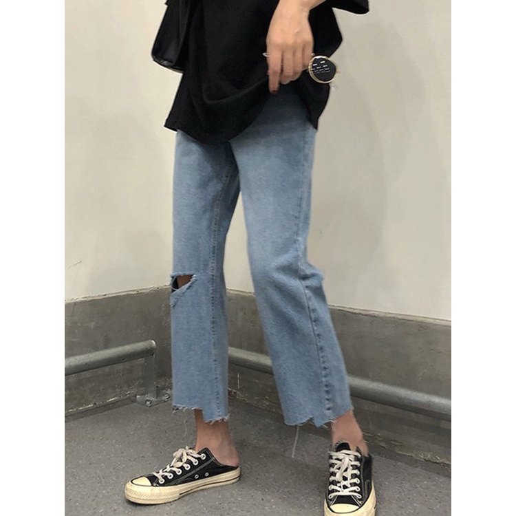 Quần Jean Baggy Xanh Nữ Rách Gối Phải Rách Gấu Vuông Phong Cách Đường Phố
