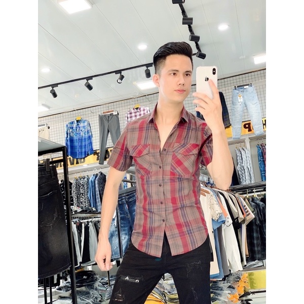 Áo sơ mi nam bbr ngắn tay kẻ sọc caro 2 túi ngực
