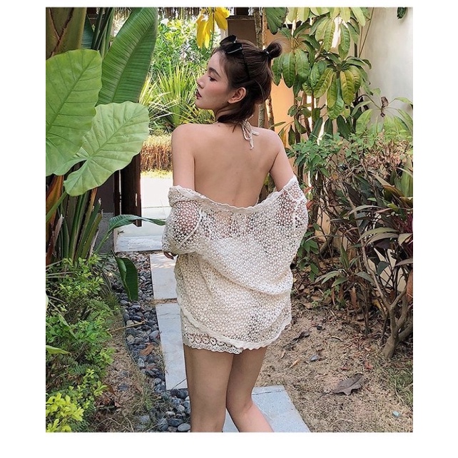 HH02-Set bikini ren đi biển 3 món áo bra yếm hạt - quần sóc ren- áo choàng