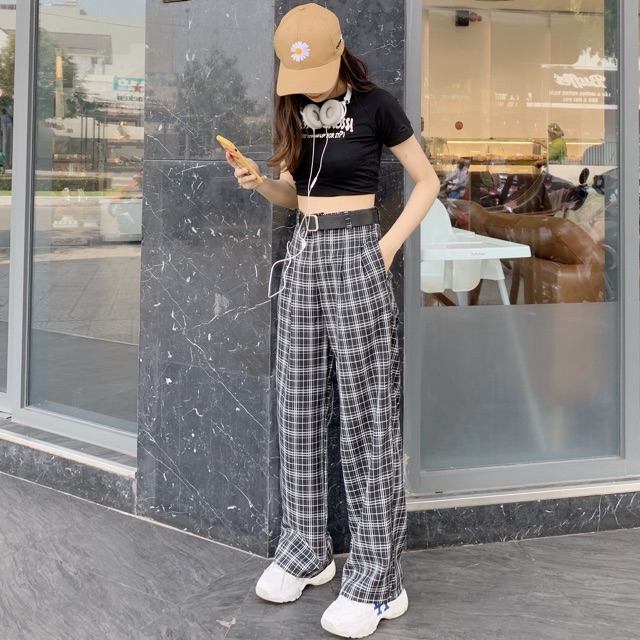 Quần kẻ caro ống suông cạp cao ( hình shop tự chụp ). | BigBuy360 - bigbuy360.vn