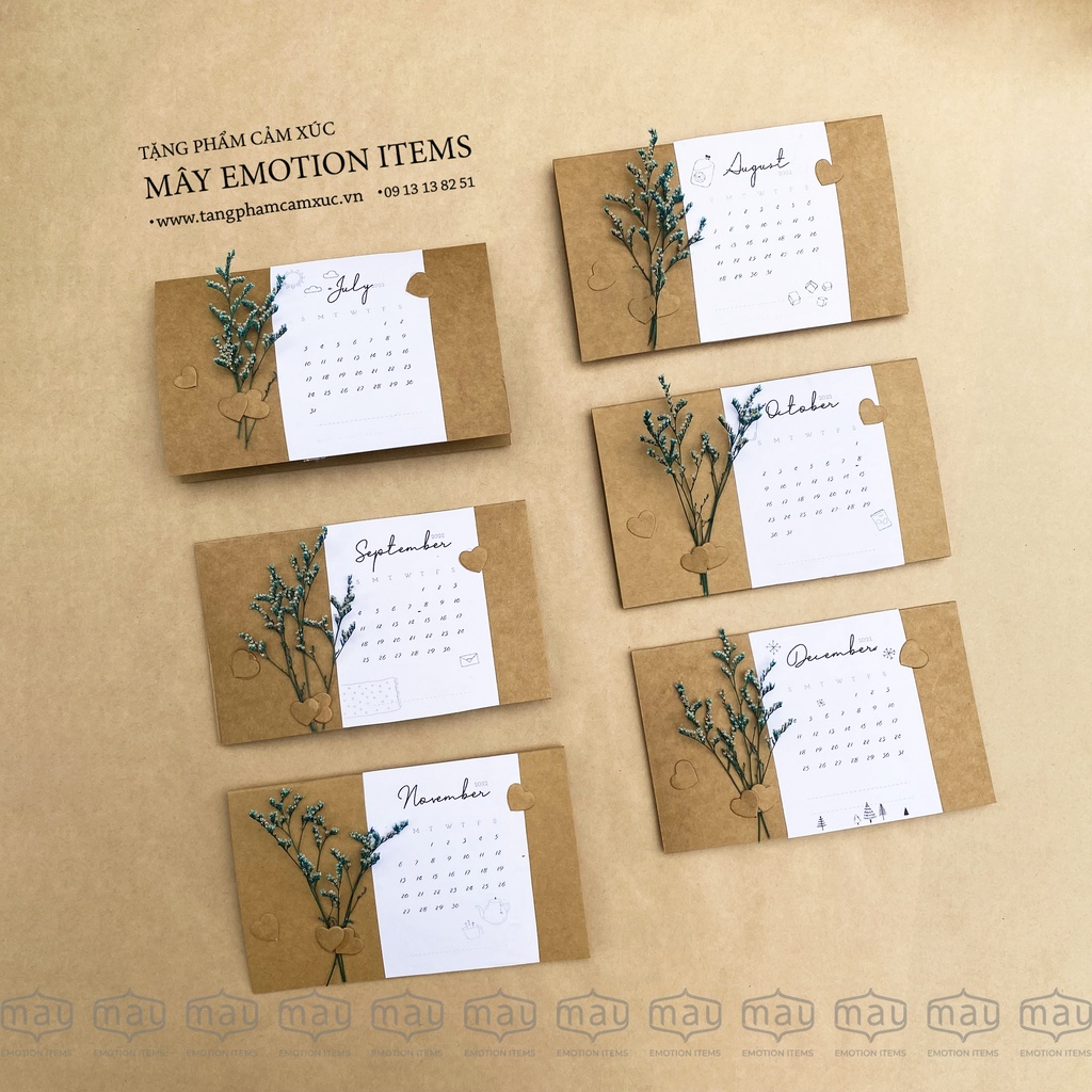 thiệp hoa khô in lịch kraft, handmade, thiệp note ngày đặc biệt, hoa baby màu ngẫu nhiên