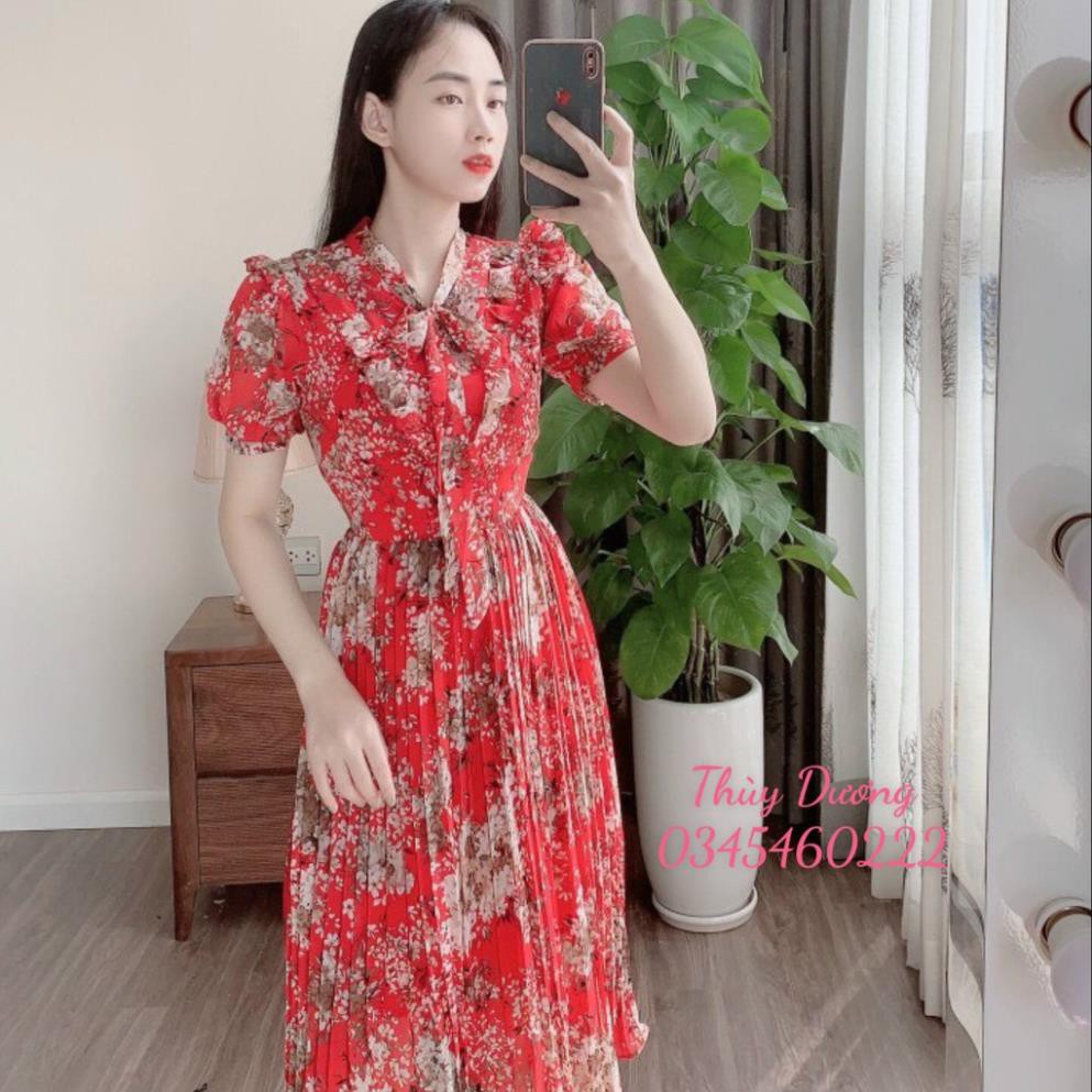 (FREESHIP) Váy đầm hoa thiết kế VINTAGE dáng xòe cổ nơ ngắn tay chân váy xếp ly dài qua gối M01 😘