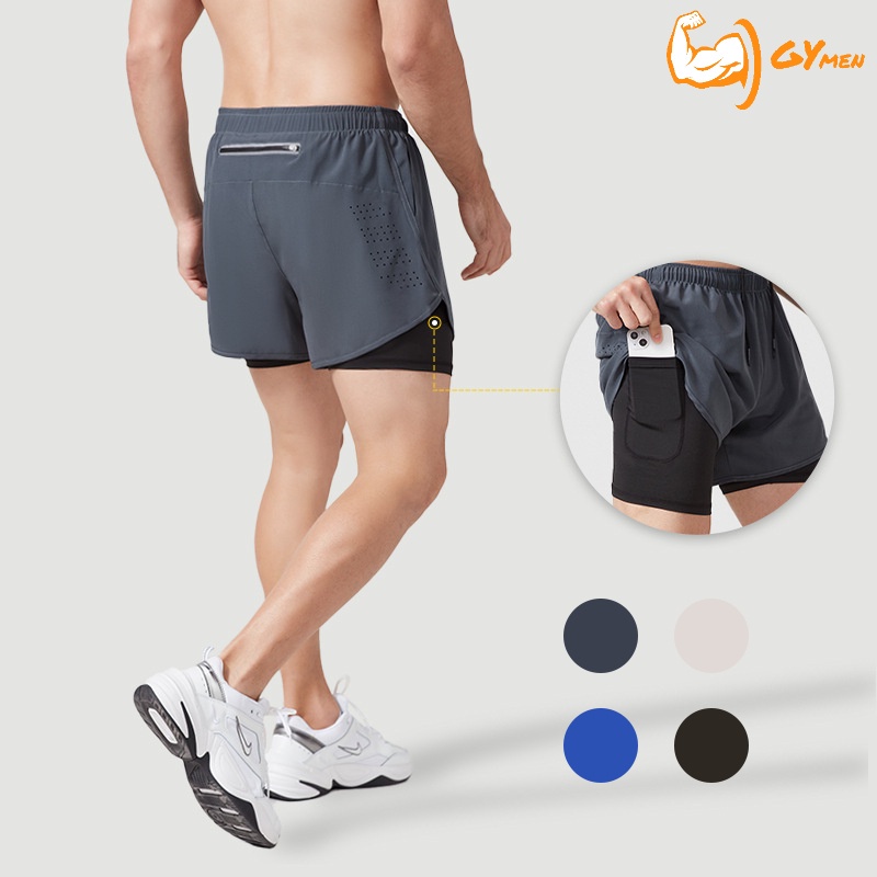 [ GYMEN ] Quần short thể thao nam  thoải mái  nhanh khô chạy bộ tập thể dục thoáng khí  quần bóng rổ  cỡ lớn  ngoài trời   huấn luyện  hút mồ hôi quần short 2 lớp giả