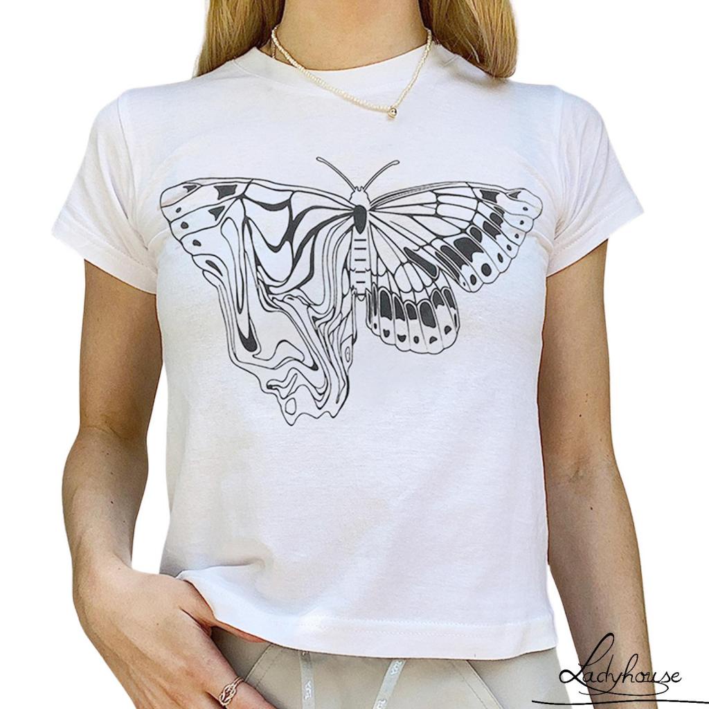 Áo Thun T-shirt Tay Ngắn Cổ Tròn In Hình Bướm Thời Trang Mùa Hè Cho Nữ