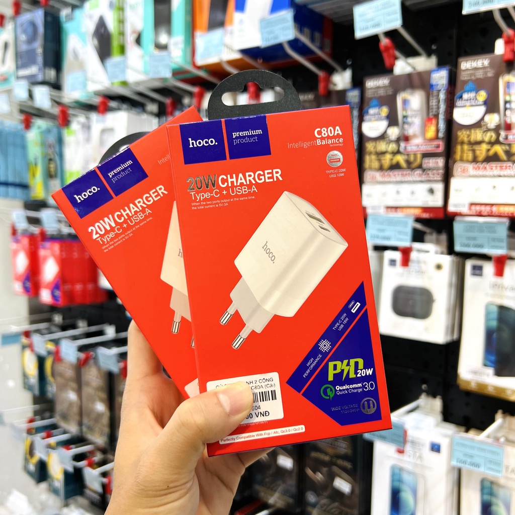 Củ sạc nhanh Hoco C80A (PD 20W + QC 3.0) 2 cổng tiện lợi sạc siêu nhanh cho iPhone 8 trở lên, Samsung, Xiaomi, Realme