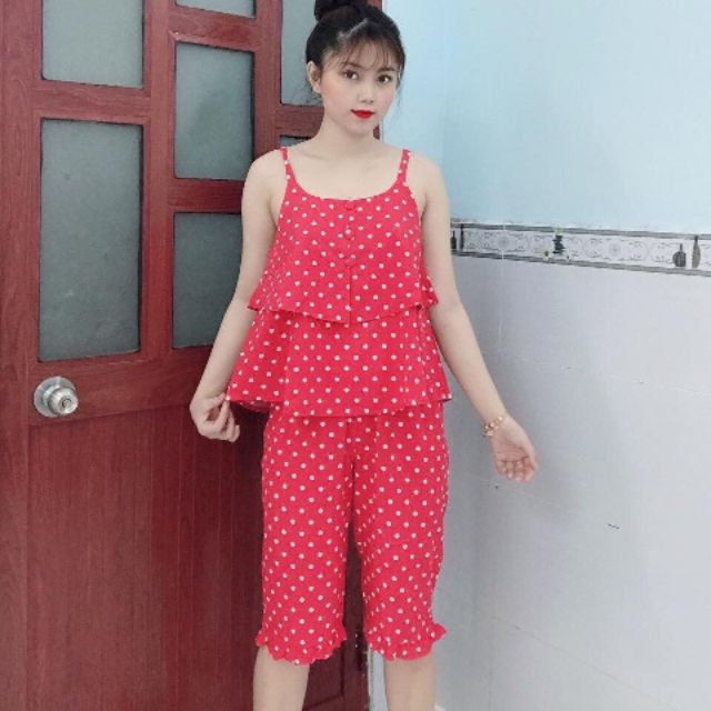 Siêu phẩm bộ lụa giấy chấm bi 2 dây cực điệu
