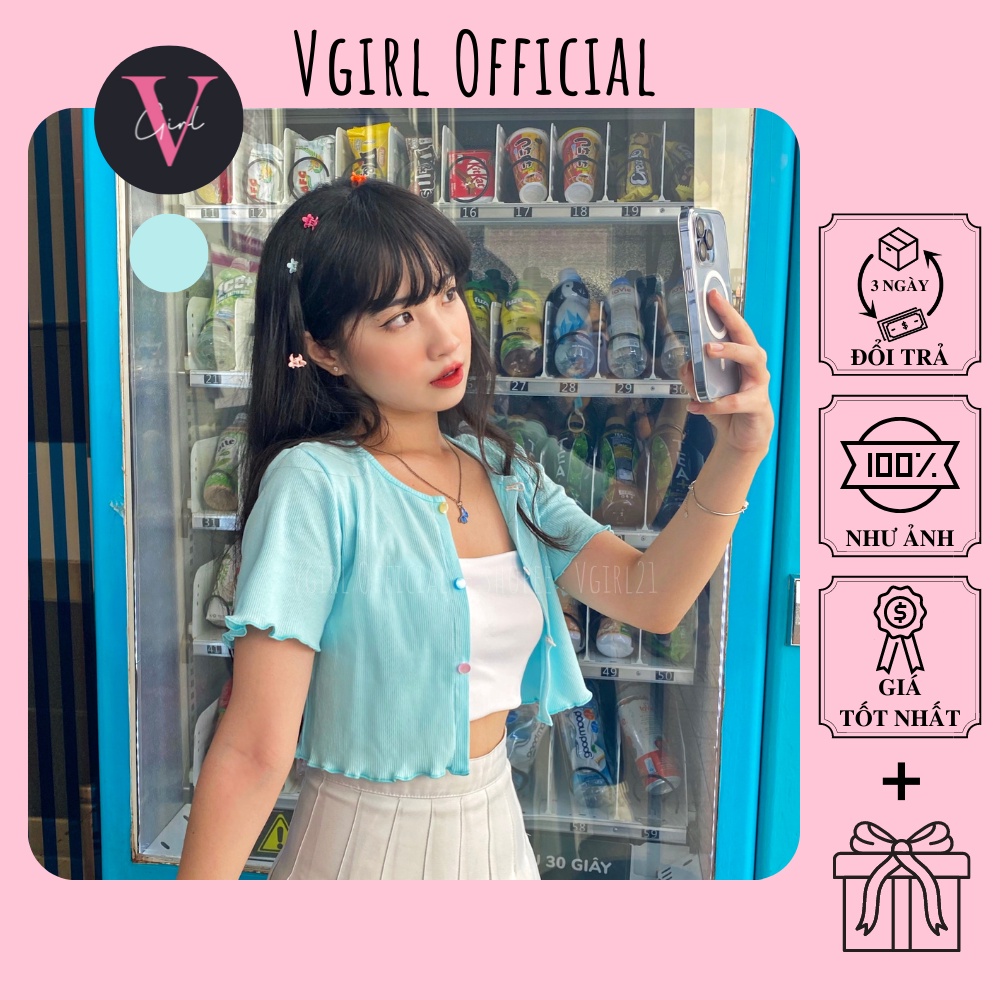 Áo khoác lửng Croptop nữ VGIRL xanh Pastel phối nút màu [ẢNH ĐỘC QUYỀN]
