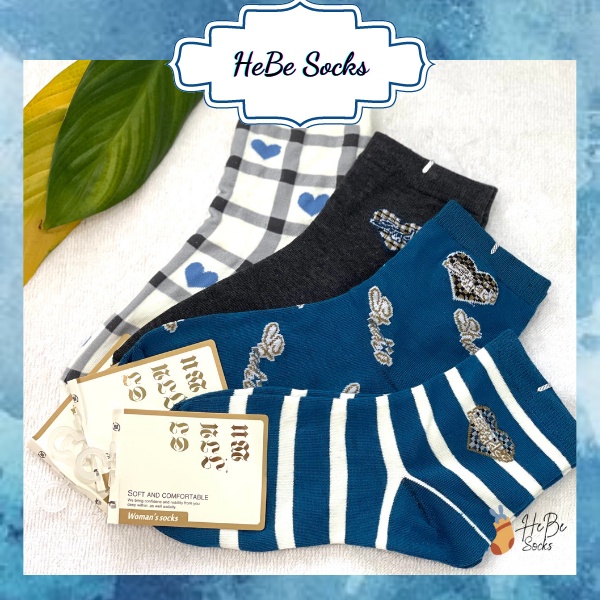 Tất cổ cao hàn quốc phong cách vintage hình trái tim màu xanh chất liệu Cotton 100% thoáng mát