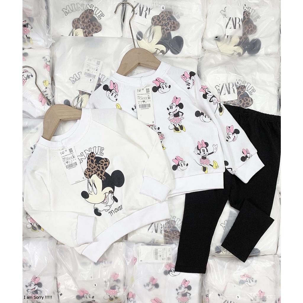 Sét bộ bé gái thu đông Zara, Bộ áo mickey trắng dài tay kèm quần đen cho bé chất cotton 4 chiều size 1y-5y