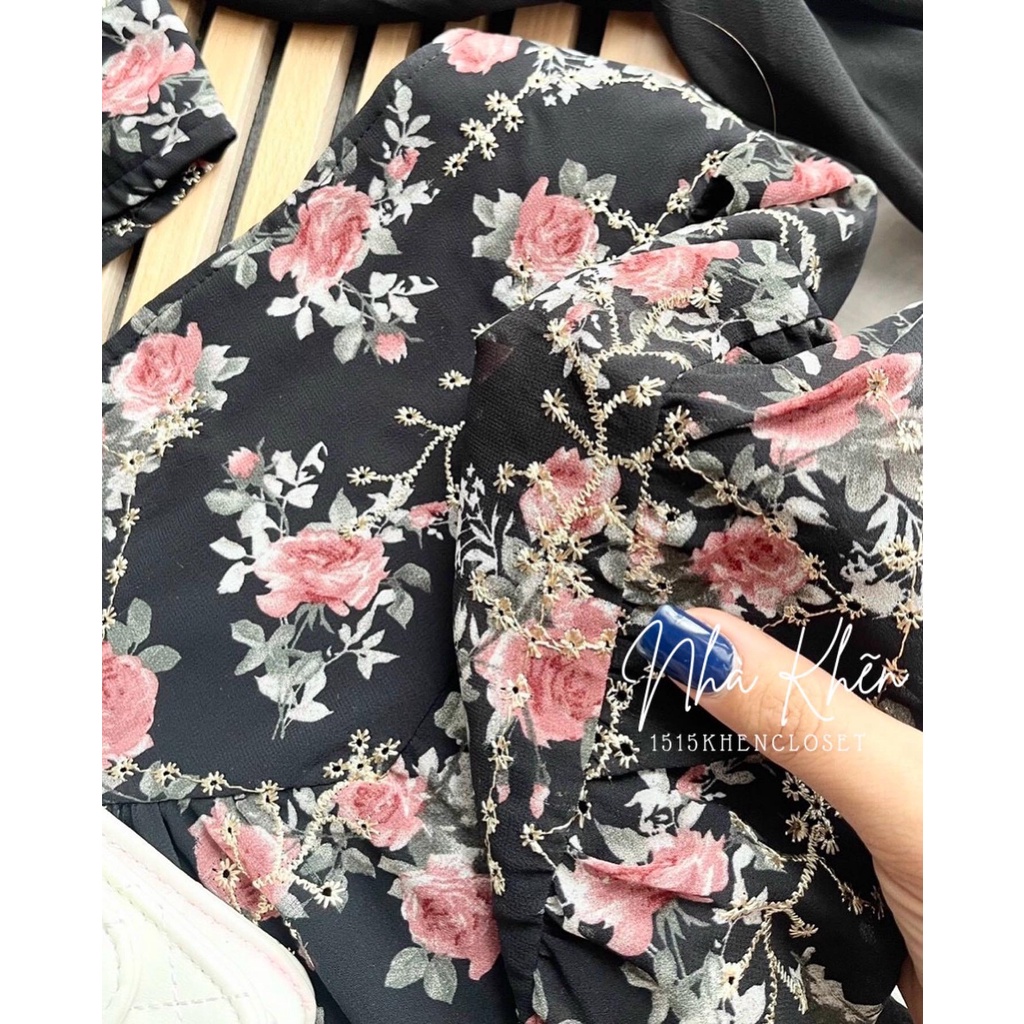 Set áo tay dài khoét ngực chân váy hoa đen
