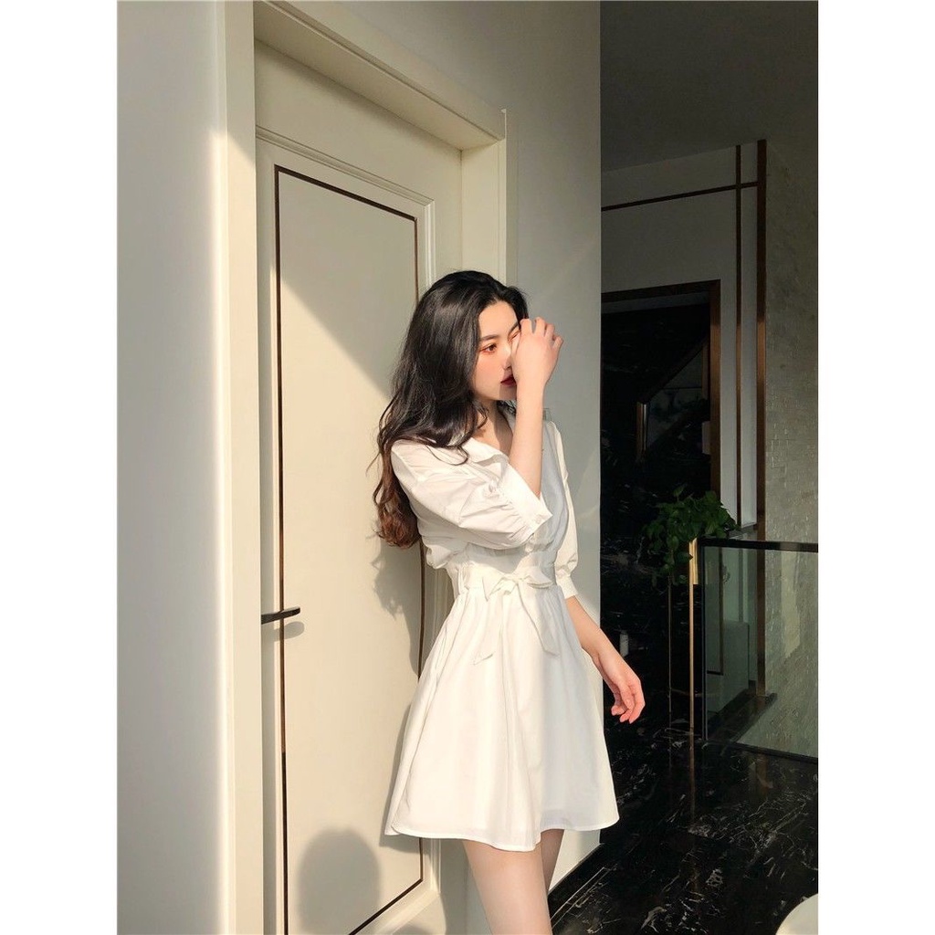 Đầm chữ A tay phồng màu trắng phong cách retro Pháp thời trang cho nữ