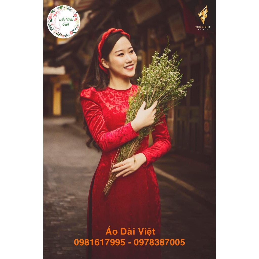 Áo dài nhung đỏ nhám Vai Bồng sẵn áo truyền thống form đẹp, vải co giãn dễ mặc, trẻ trung