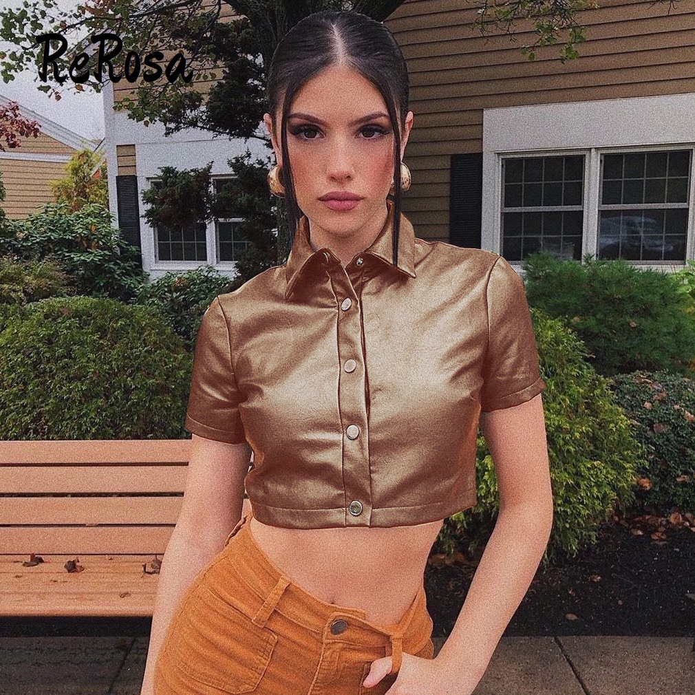 Áo Thun Crop Top Tay Ngắn Màu Trơn Cài Nút Thời Trang Cho Nữ