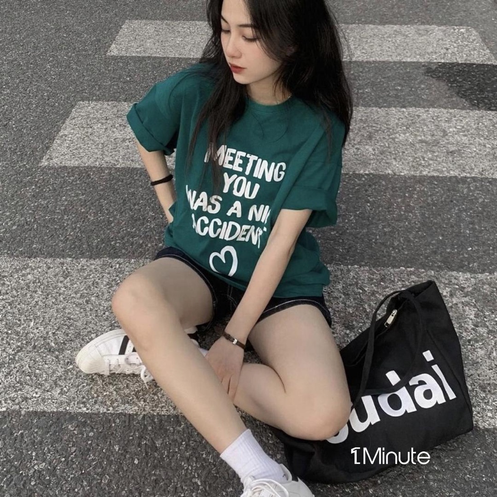Áo Thun Tay Lỡ MEETYOU Xanh Lá Cotton, Áo Phông Rộng Mẫu Mới 2022 1Minute