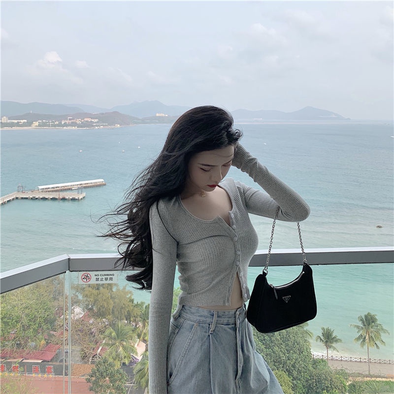 Áo thun cardigan lưng cao tay dài dáng ôm phong cách phương Tây mới