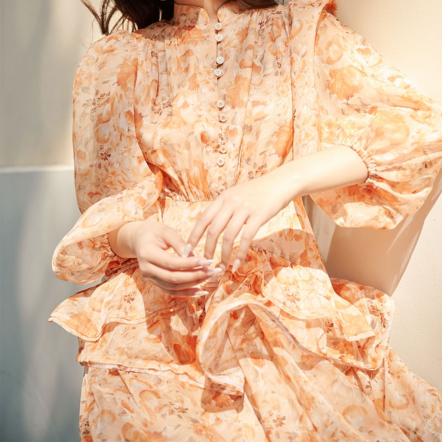 DEAR JOSÉ - Đầm xòe ngắn tay phồng lửng Lunar vải voan hoa cam