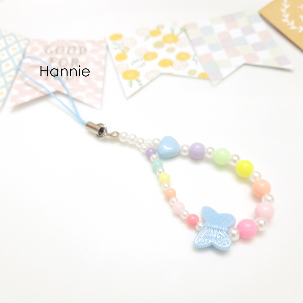 (Tím/Cam/Hồng/Xanh/Vàng) Móc khóa hạt trai pastel bướm - Phụ kiện dây treo điện thoại túi xách balo chìa khóa handmade