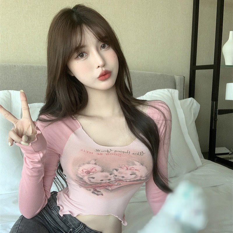 Áo Thun Tay Dài Cổ Chữ V In Hình Mèo Phong Cách Hàn Quốc