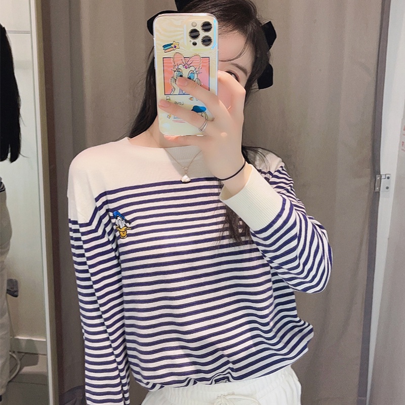 Áo sweater ZHELIHANGFEI dệt kim dáng rộng họa tiết kẻ sọc phong cách retro thời trang trẻ trung