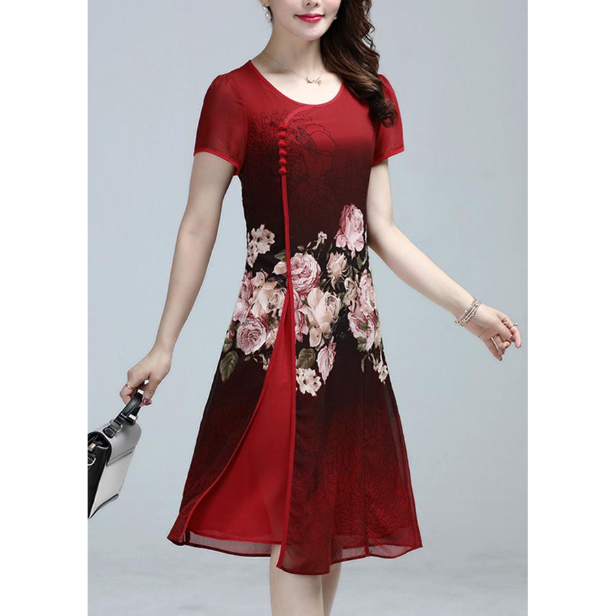 GOTI - Đầm Suông Trung Niên Bigsize Kiểu Chữ A In Hoa Mẫu Đơn Cổ Tàu Màu Xanh Lá 3235