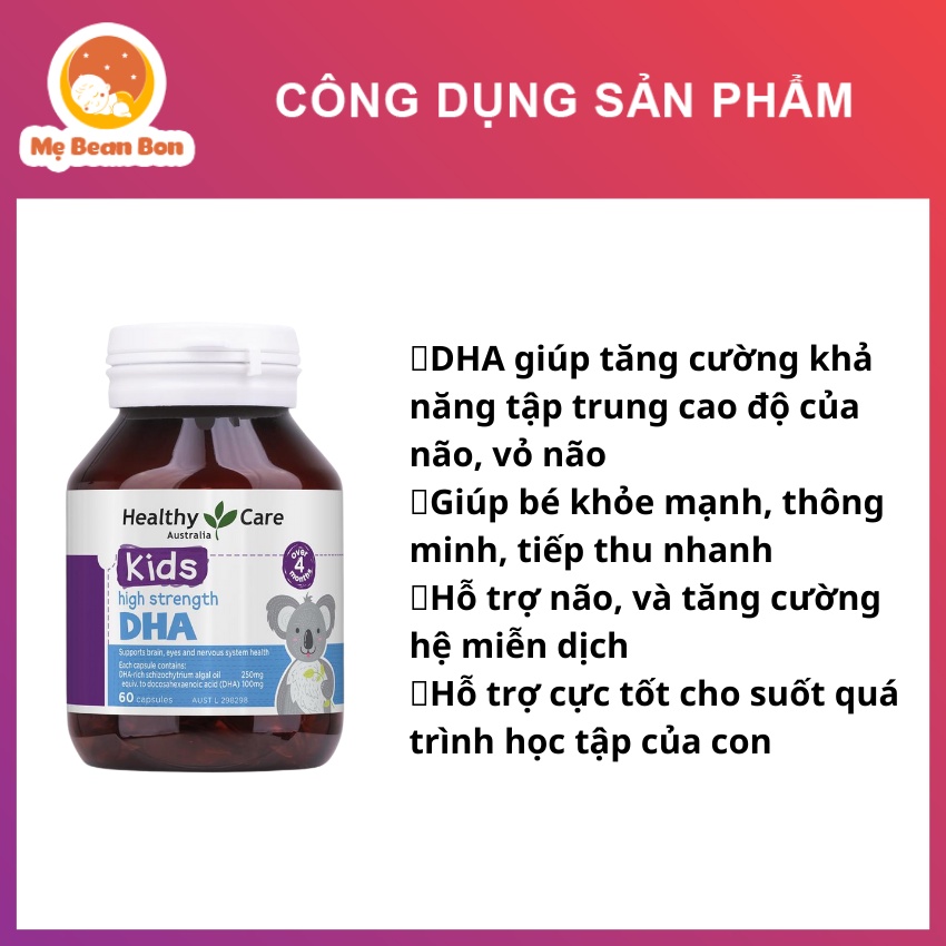 DHA Healthy Care Kid’s High DHA Úc 60 viên bổ sung omega-3 cho trí não bé từ 4 tháng tuối - mẹ bean bon