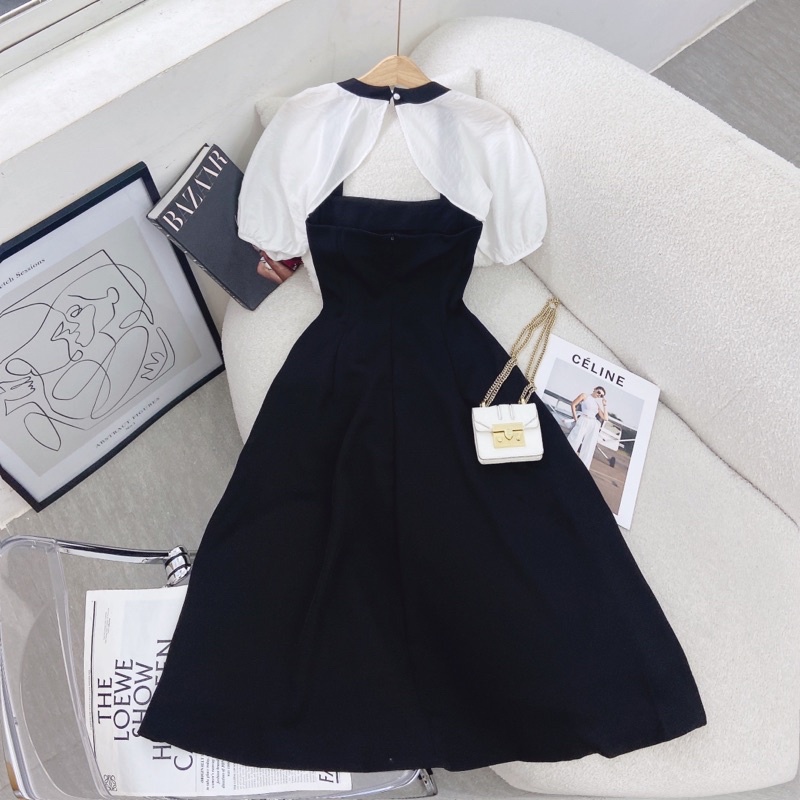ĐẦM ĐEN PHỐI TAY VOAN CỔ TRẮNG CUTOUT LƯNG
