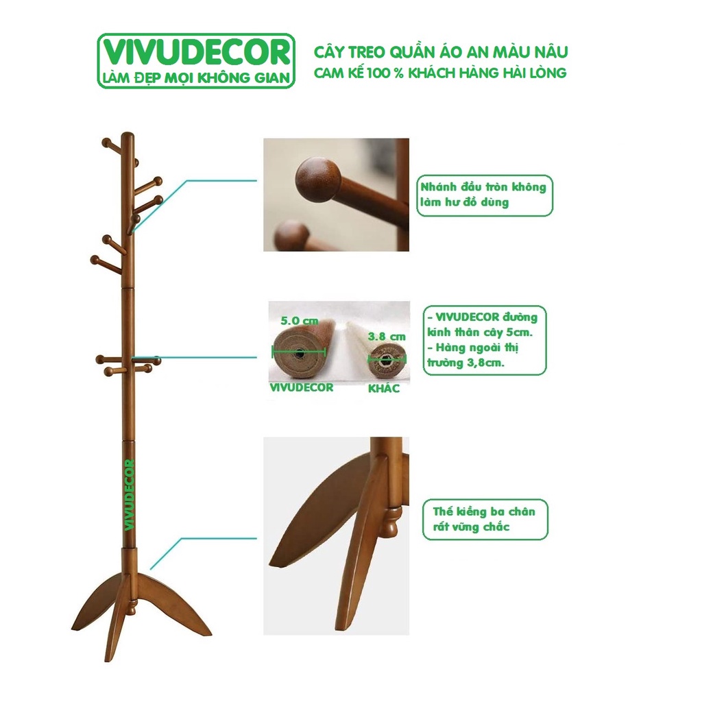 Cây treo quần áo VIVUDECOR CT10 100% gỗ tự nhiên 10 nhánh