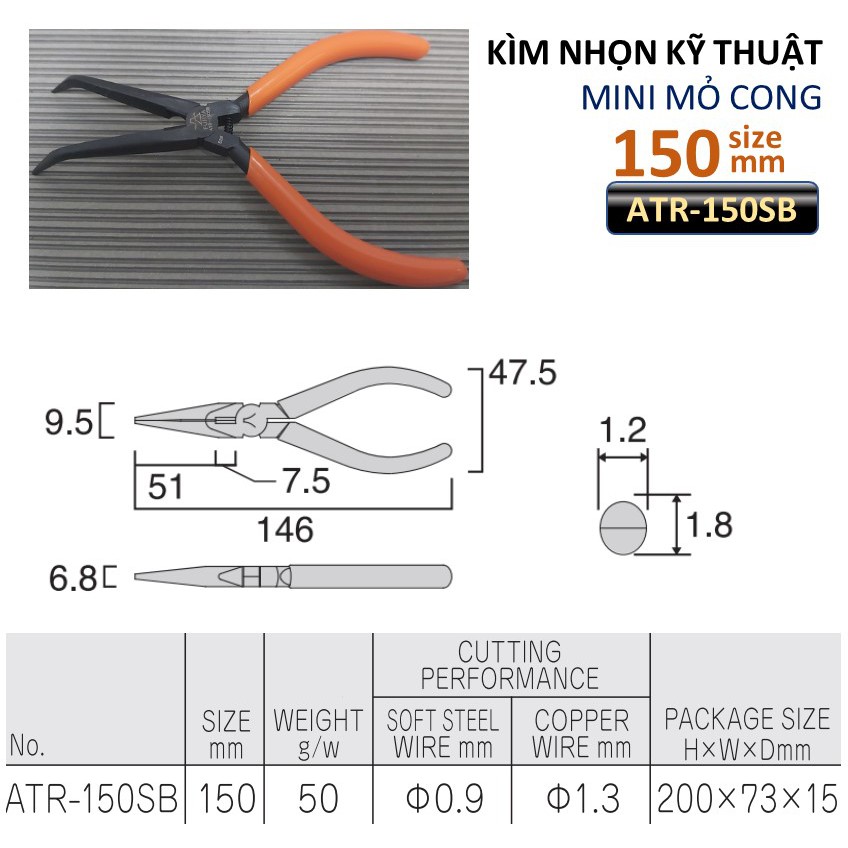 Kìm nhọn kỹ thuật MINI mỏ cong 150mm Fujiya Nhật Bản ATR-150SB Kềm cắt dây thép đồng