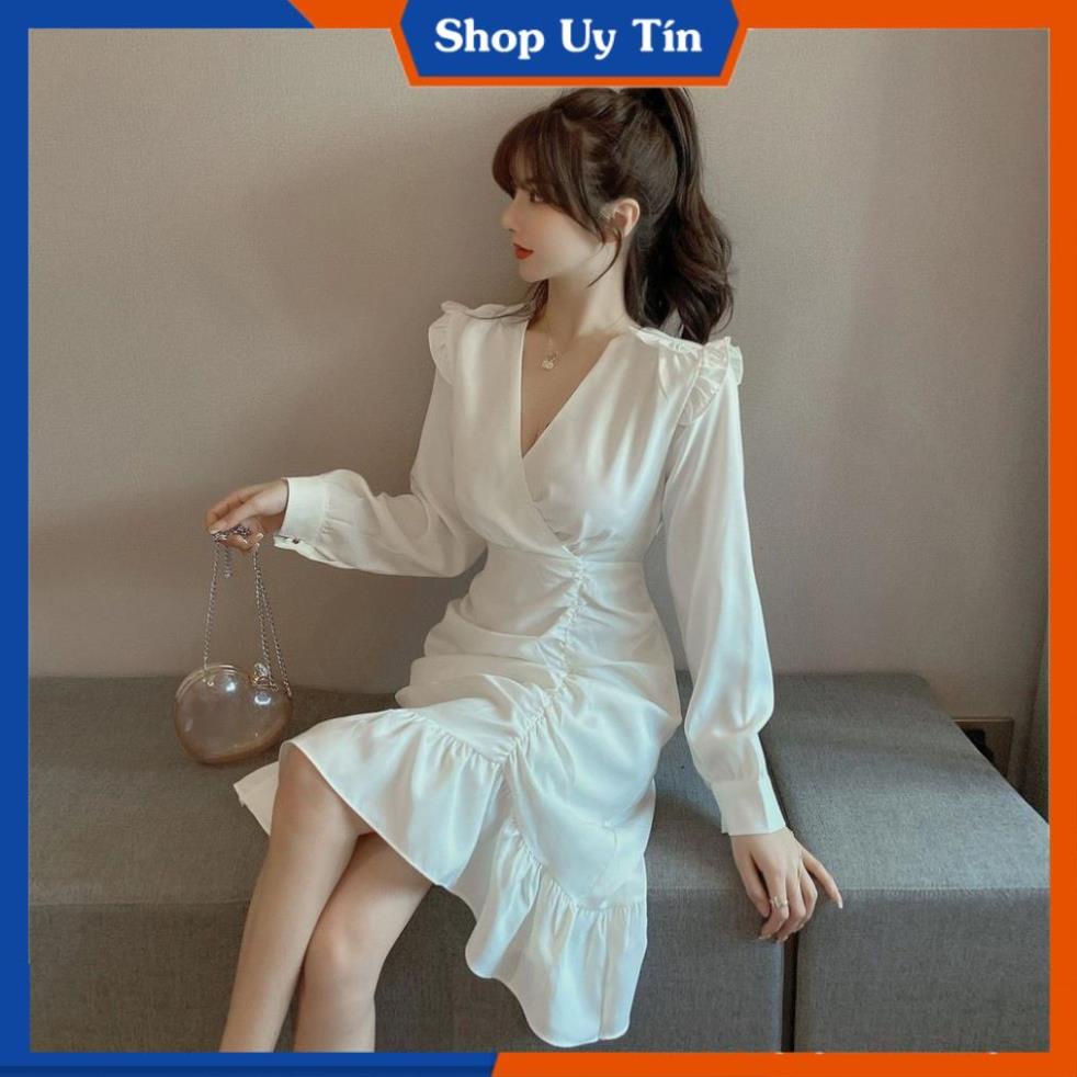 Váy Đi Dự Tiệc Cưới Sang Trọng  Đầm Công Sở Trẻ Trung Nhún Eo Ôm Body Thiết Kế Vải Lụa Thun, Màu Trắng Đen VD016