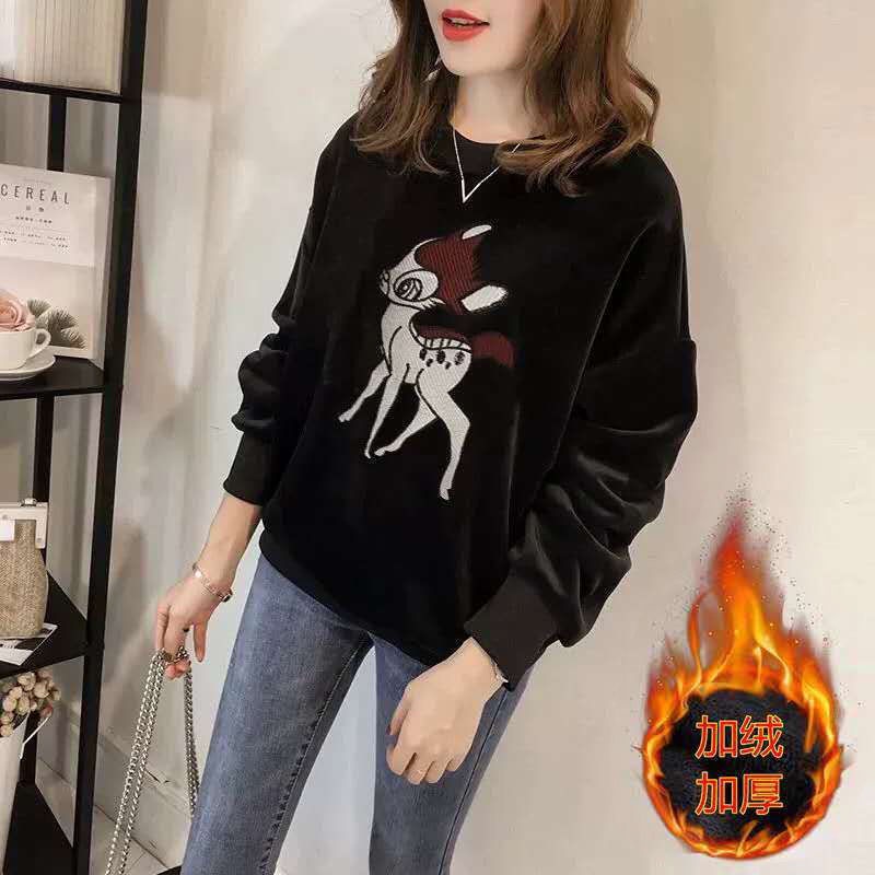 Áo sweater vải nhung dày hai mặt dáng rộng thêu họa tiết thời trang thu đông mới dành cho nữ 2021