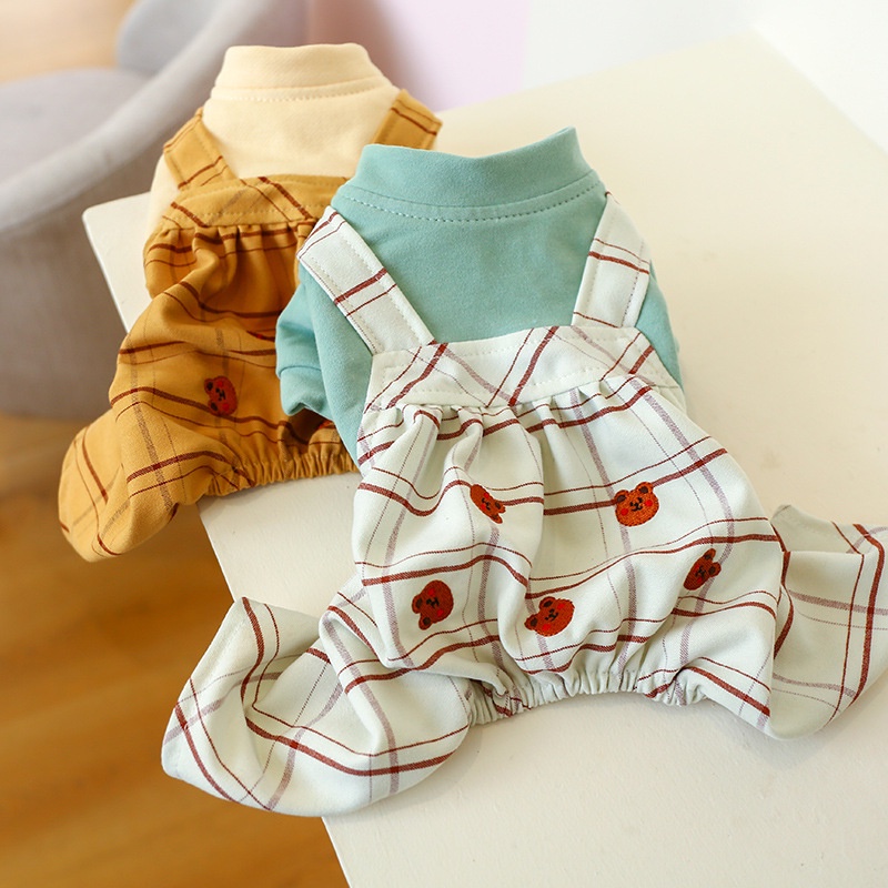 Quần Áo Chó Mèo-Bộ Liền 4 Chân Caro Thêu Gấu