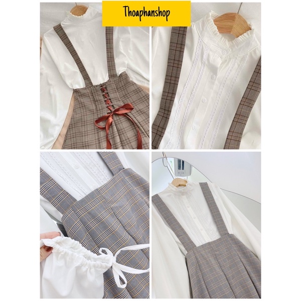 SET YẾM KẺ CARO + ÁO SƠ MI BÈO HAI MÀU