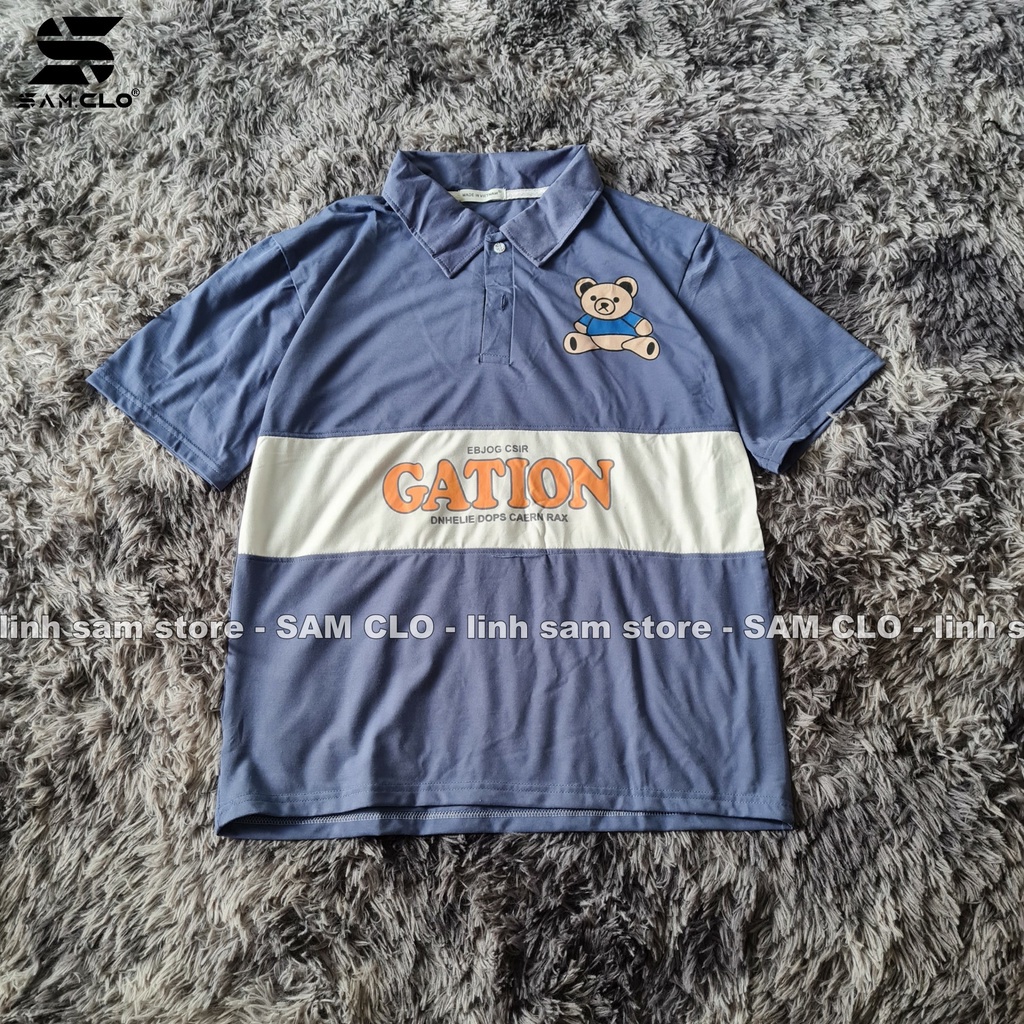 Áo thun Polo tay lỡ SAM CLO có cổ form rộng phông freesize dáng unisex mặc cặp, nhóm, lớp, đi học in hình CON GẤU
