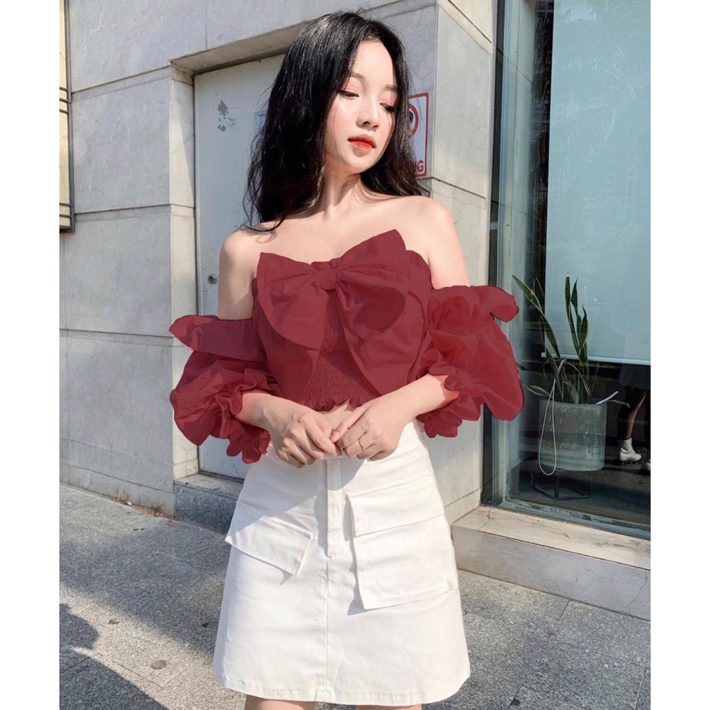 Áo kiểu trễ vai nhúm phối nơ to trước ngực cực xinh , chất kate mềm mịn