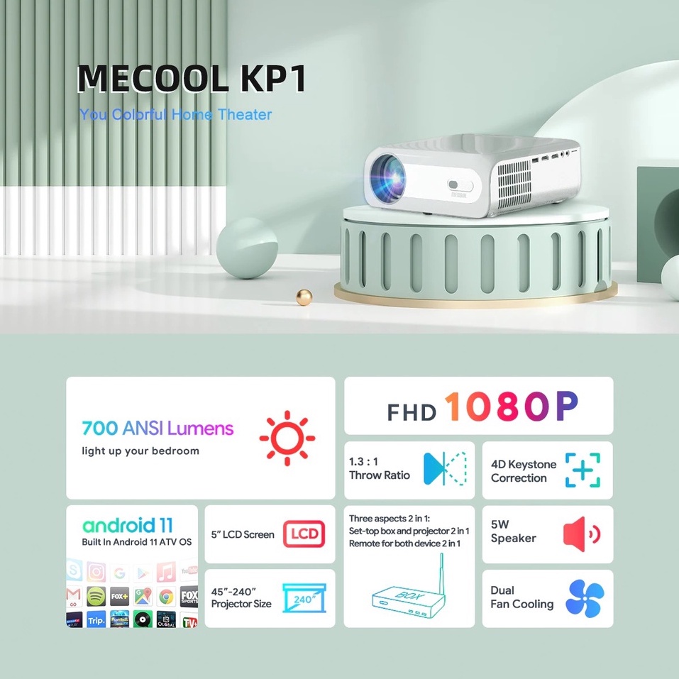 Máy chiếu Mecool Sail Kp1 - Full HD - 700 ansi - Netflix chuẩn 4K - Google assistant tiếng việt -  Chromecast tích hợp